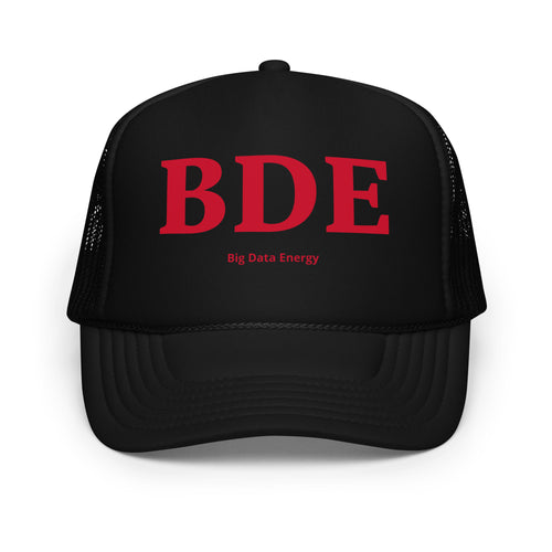 Black BDE Big Data Energy foam trucker hat, front view
