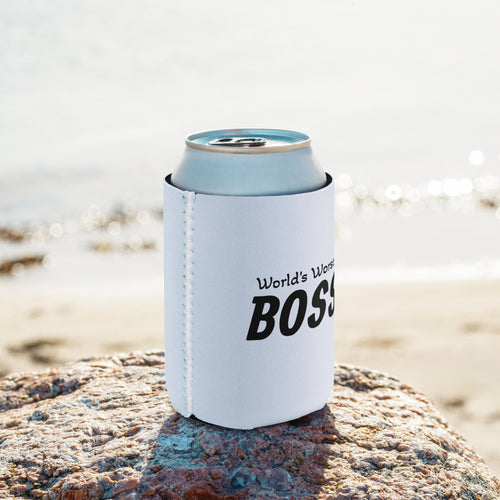 World's Worst Boss white neoprene can koozie, Regular 12 oz, front view