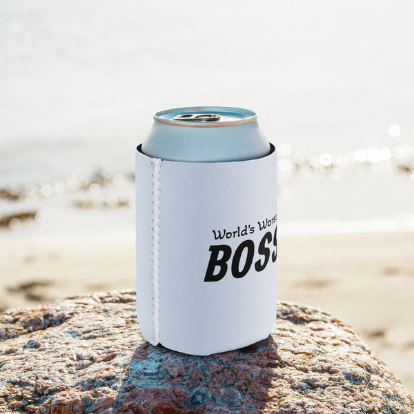 World's Worst Boss white neoprene can koozie, Regular 12 oz, front view