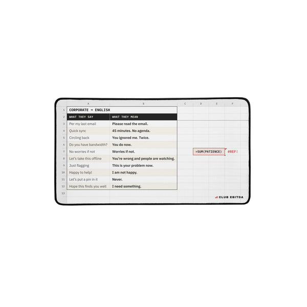 Corporate Translation desk mat, 12 x 22 in: white spreadsheet-style print titled CORPORATE → ENGLISH with WHAT THEY SAY and WHAT THEY MEAN columns, a red =SUM(PATIENCE) #REF! cell and a black edge