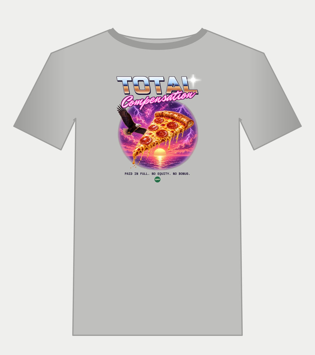 Total Compensation pizza tee in sport grey: chrome 80s TOTAL COMPENSATION lettering over an airbrushed pizza slice, eagle and neon sunset