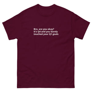 Bro, are you okay? It's Q4 unisex classic t-shirt, Maroon, front view