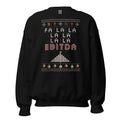 Fa La La EBITDA Christmas sweatshirt, Black, front: faux-knit print reading FA LA LA LA LA, LA LA EBITDA in cream, red and gold with a bar-chart Christmas tree