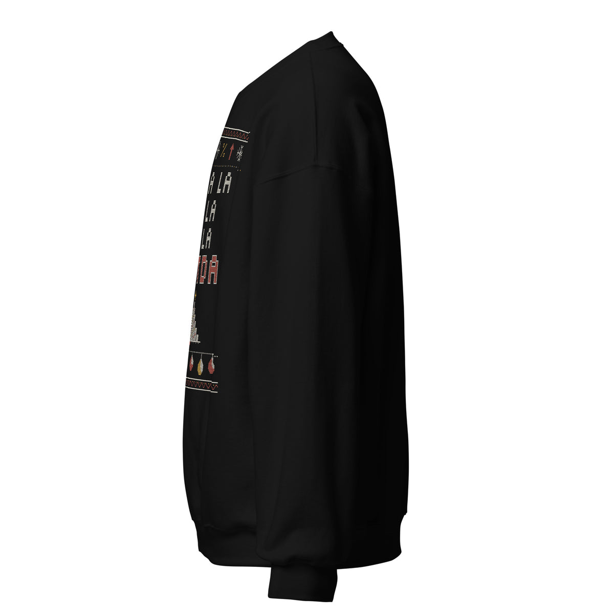 Fa La La EBITDA Christmas sweatshirt, Black, left side view showing the plain sleeve