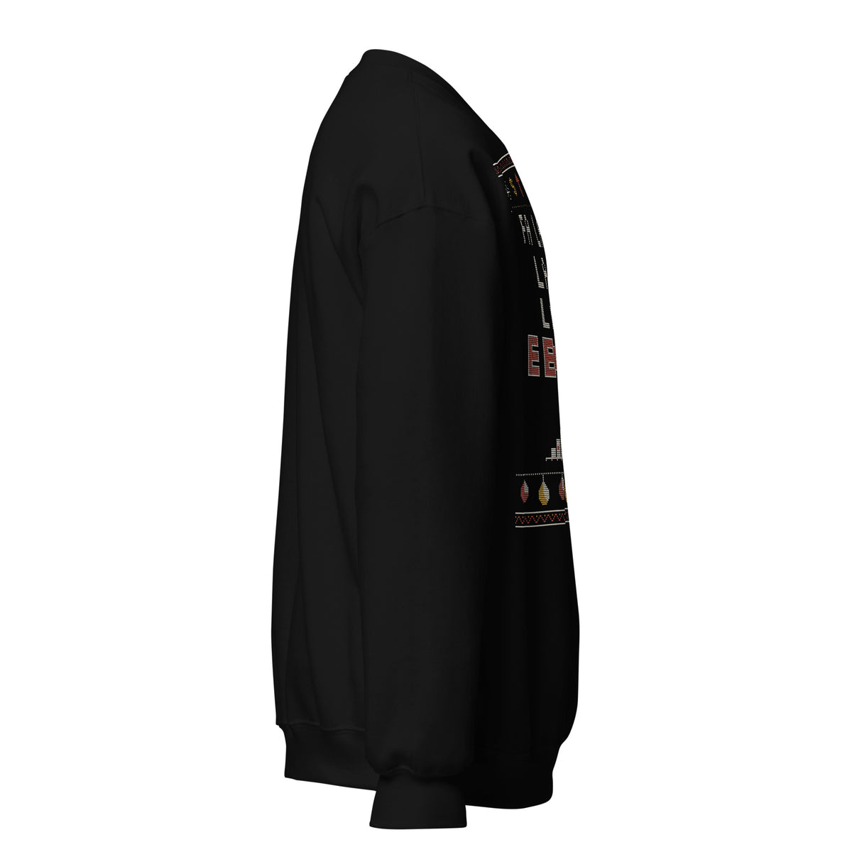 Fa La La EBITDA Christmas sweatshirt, Black, right side view showing the plain sleeve