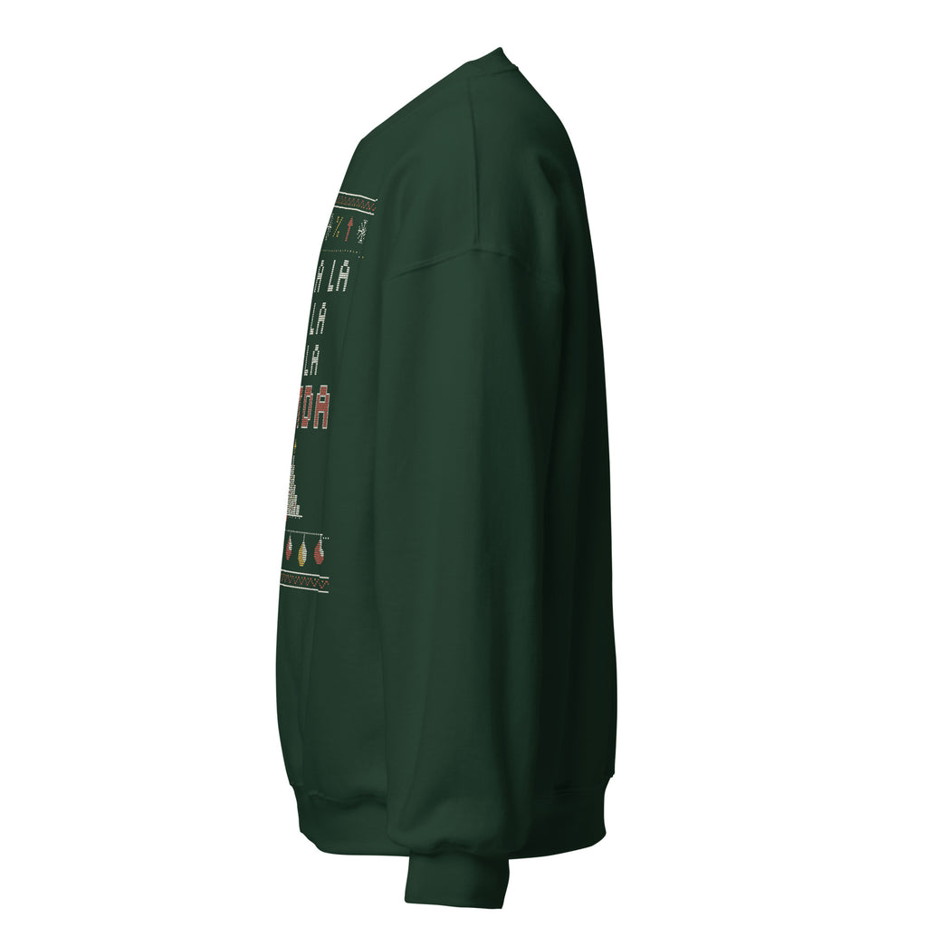 Fa La La EBITDA Christmas sweatshirt, Forest Green, left side view showing the plain sleeve