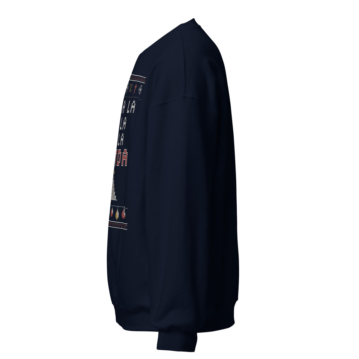 Fa La La EBITDA Christmas sweatshirt, Navy, left side view showing the plain sleeve