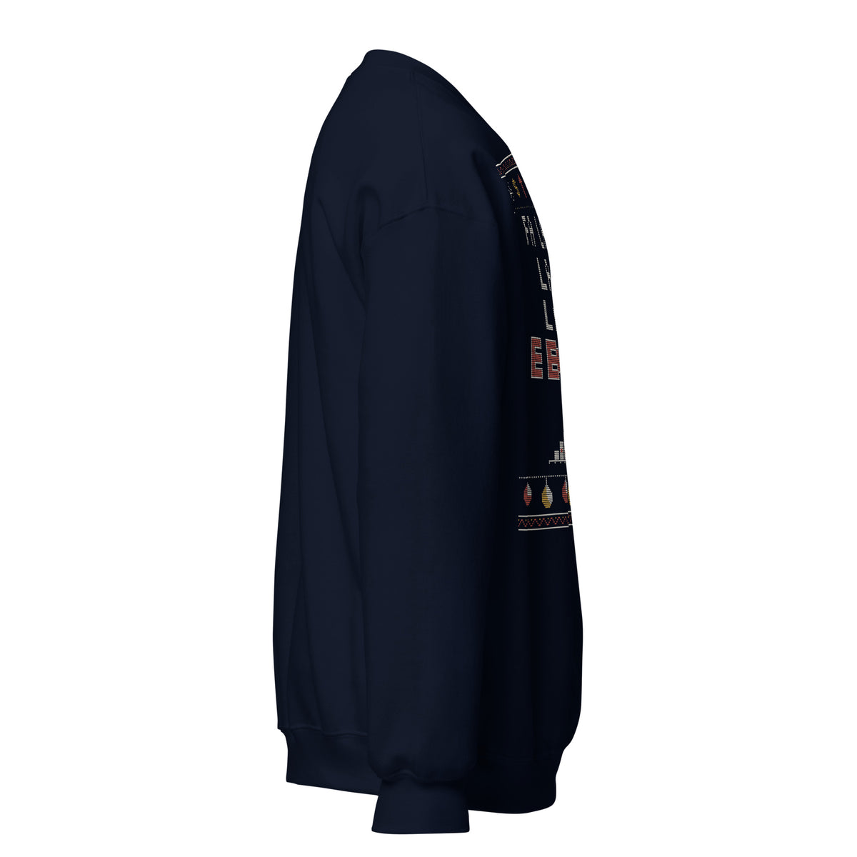 Fa La La EBITDA Christmas sweatshirt, Navy, right side view showing the plain sleeve